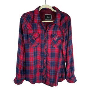 Rails Plaid Button Down Shirt Women Medium Red Blue Flip Cuff Tencel Rayon Blend